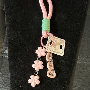 Pink Floral Keychain with Green Accent